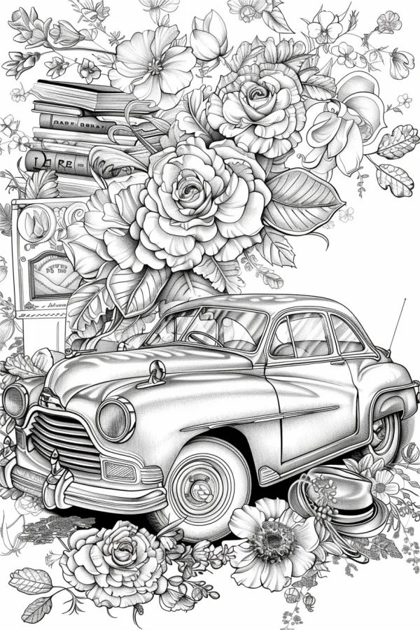 Coloring book page, vintage sedan surrounded by roses — free printable books coloring book page
