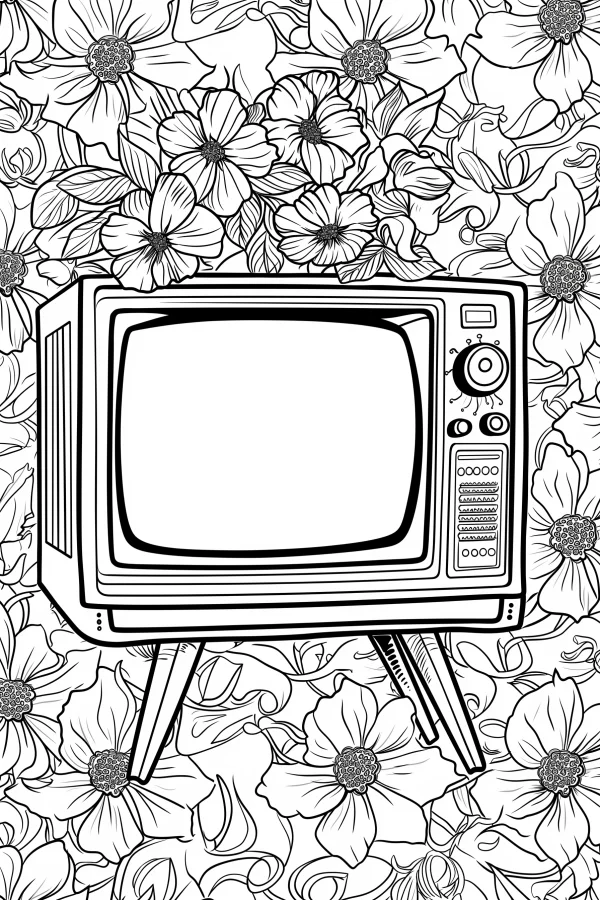 Vintage television surrounded by large blooming flowers and curly vines, retro style — free printable nostalgia coloring book page