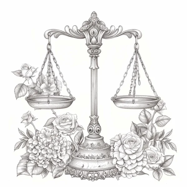 Ornate decorative balance scale surrounded by roses and hydrangeas, european classical style — free printable natural flowers coloring book page