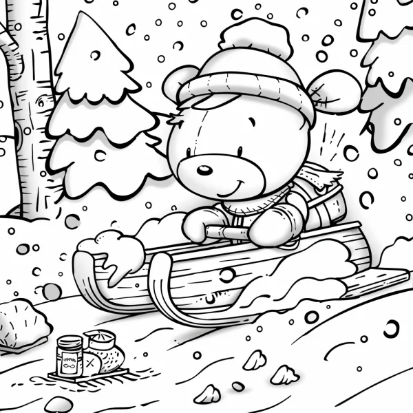 Cute bear sledding in snowy forest, cartoon style — free printable outdoor sports coloring book page
