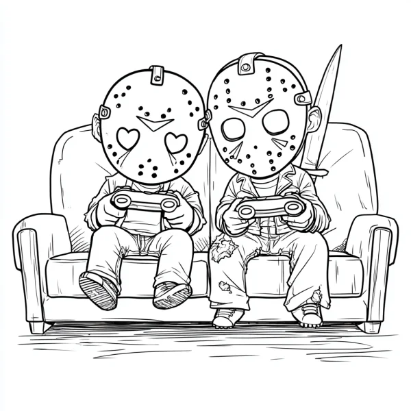 Two horror characters wearing jason voorhees masks holding game controllers, sitting on sofa — free printable games coloring book page