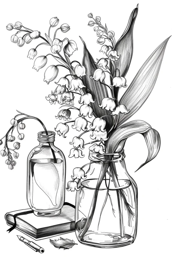 Lily of the valley in glass bottle, with small glass bottle — free printable still life coloring book page