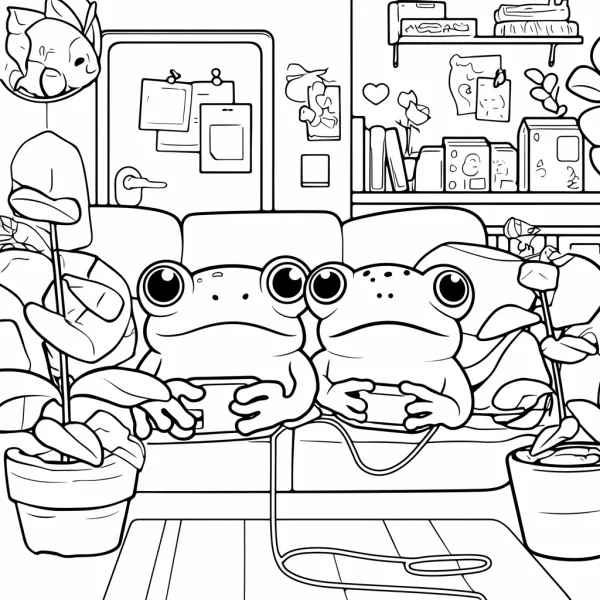 Two cute frogs playing video games on sofa, cartoon style — free printable games coloring book page