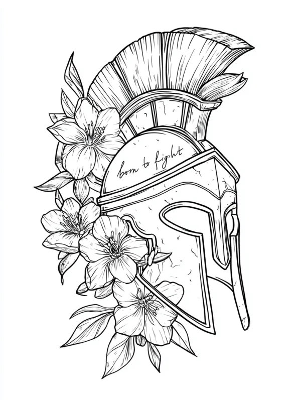Spartan helmet surrounded by blooming flowers, sketch style — free printable greek culture coloring book page