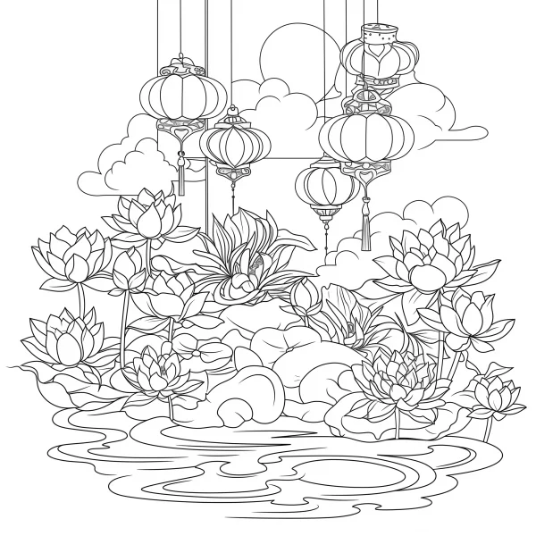 Lotus pond with hanging chinese lanterns, chinese style — free printable mid-autumn festival coloring book page