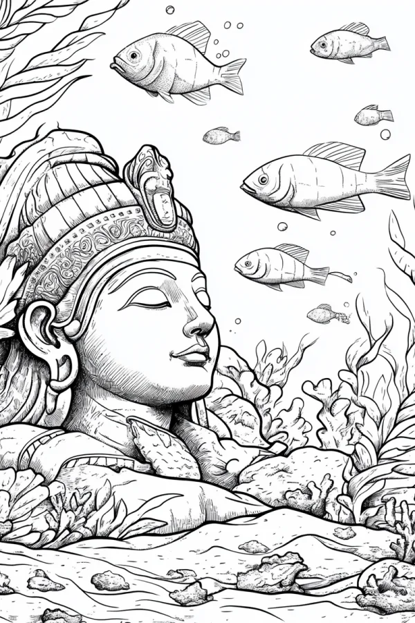 Underwater southeast asian buddha head, realistic line art style — free printable southeast asian culture coloring book page