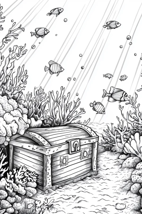 Wooden treasure chest on ocean floor, surrounded by various corals — free printable underwater world coloring book page