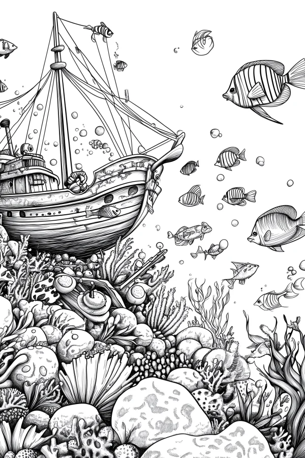 Underwater shipwreck with various marine life, realistic line art style — free printable underwater scene coloring book page