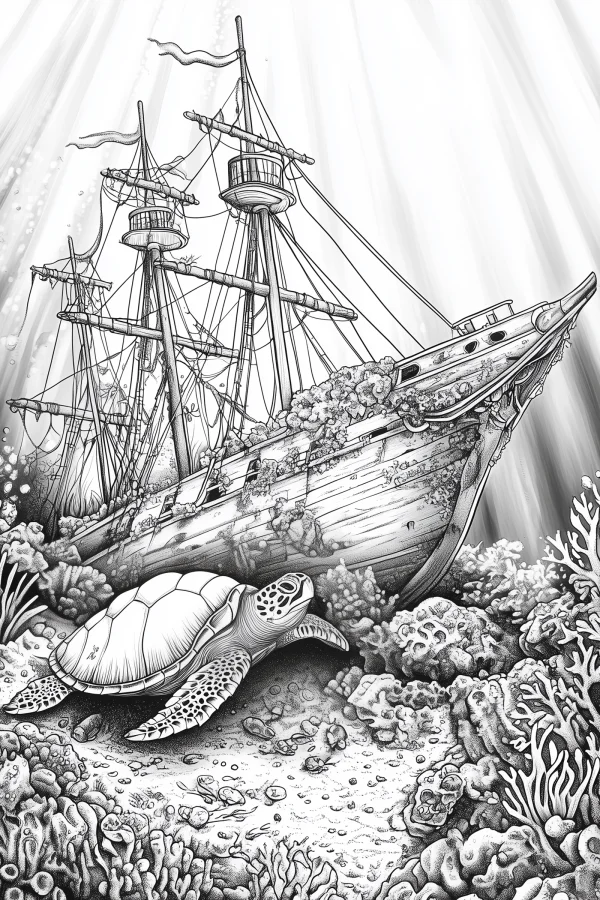 Underwater scene with sunken ship and sea turtle, realistic style — free printable underwater scene coloring book page