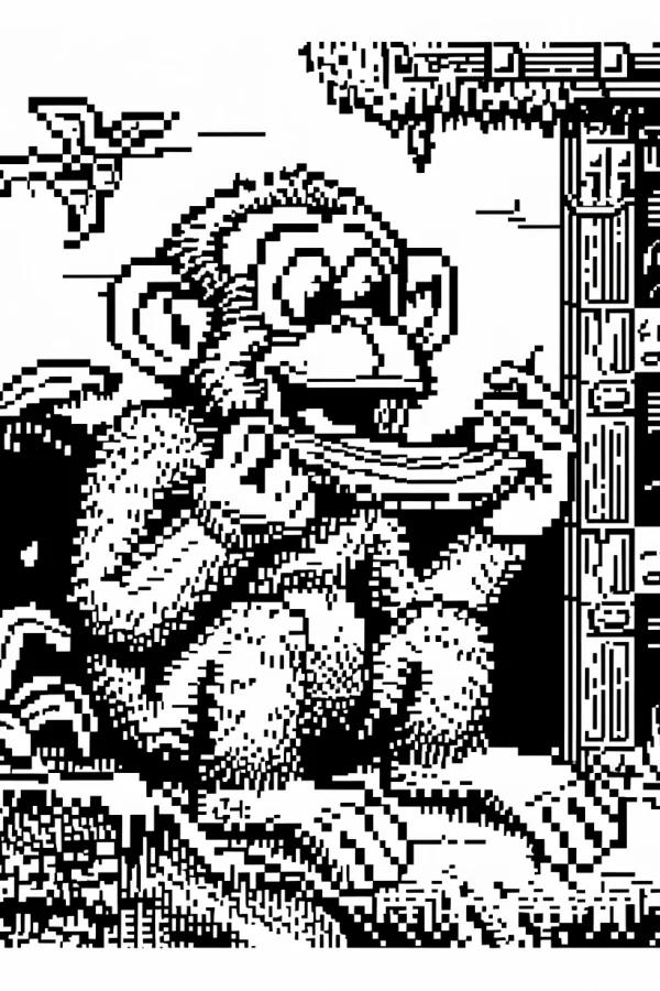 Pixel-style monkey (donkey kong inspired), retro video game art style — free printable games coloring book page