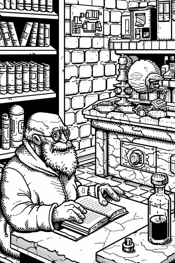 Elderly scholar reading a book in a study lab, realistic illustration style — free printable scientists coloring book page