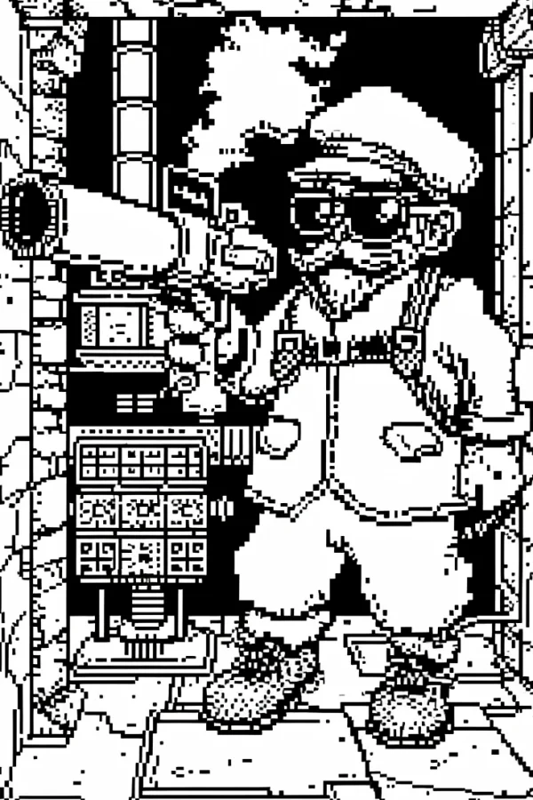 Cartoon worker character with sunglasses and a large cannon, pixel cartoon style — free printable games coloring book page