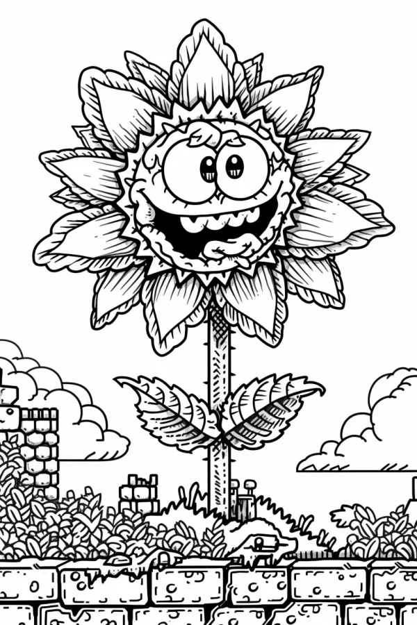 Cartoon anthropomorphic sunflower from plants vs. zombies, big expressive eyes and smiling mouth — free printable games coloring book page