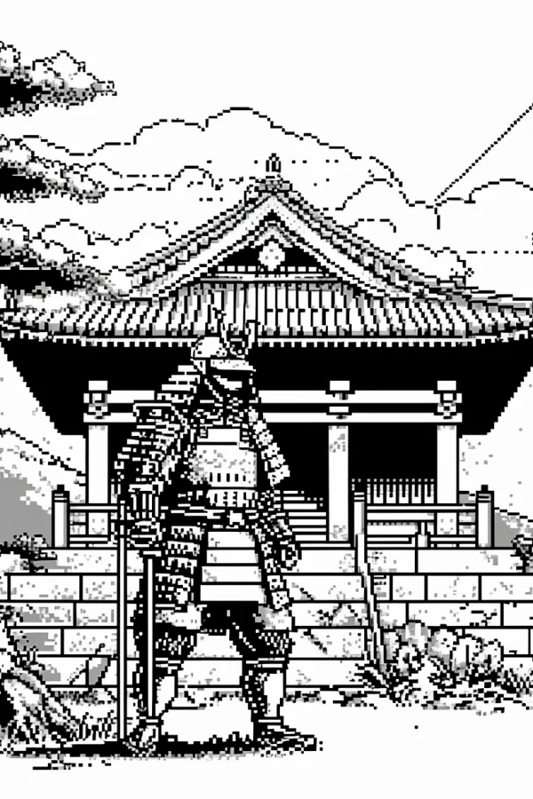 Samurai in full traditional armor, standing in front of classic japanese temple building — free printable traditional architecture coloring book page