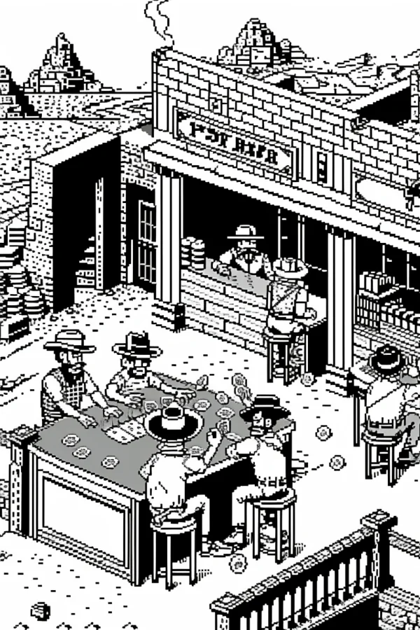 Western cowboy bar gathering scene, pixel art style — free printable vintage life coloring book page