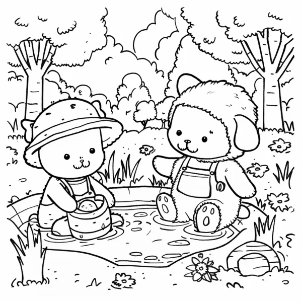 Cute cartoon animals (bear and puppy) playing in a puddle, cartoon style — free printable outdoor play coloring book page