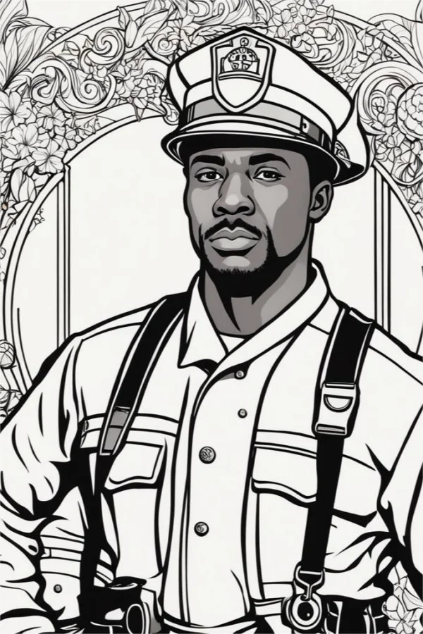 Black police officer in formal uniform with cap and badge, cartoon realistic style — free printable police coloring book page