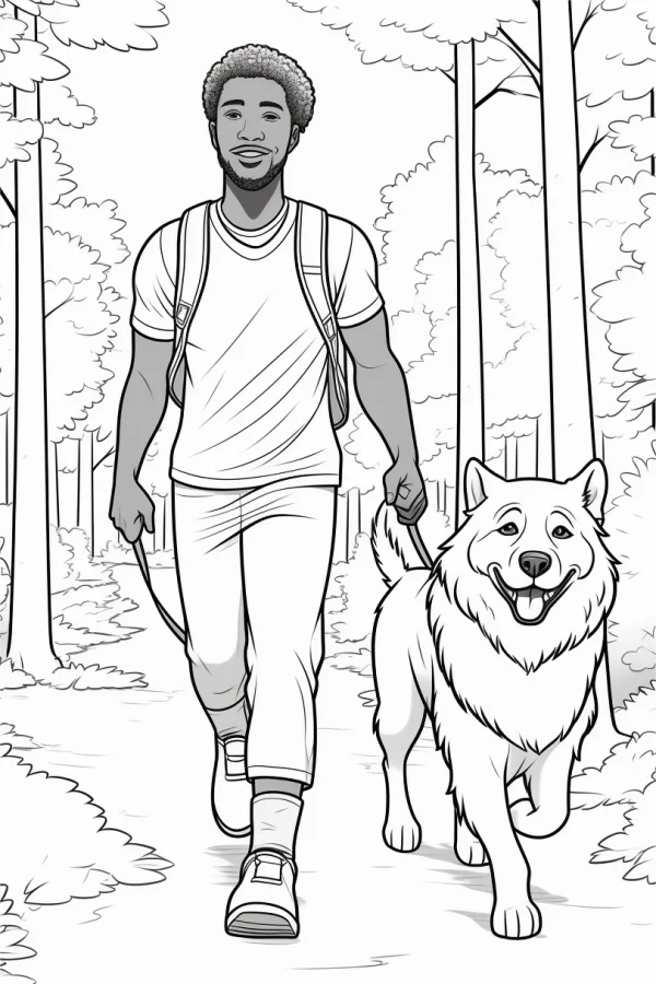 Black man with backpack walking a fluffy dog on forest path, cartoon style — free printable hiking coloring book page