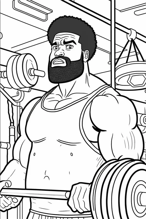 Muscular fitness man lifting barbell, cartoon style — free printable fitness coloring book page