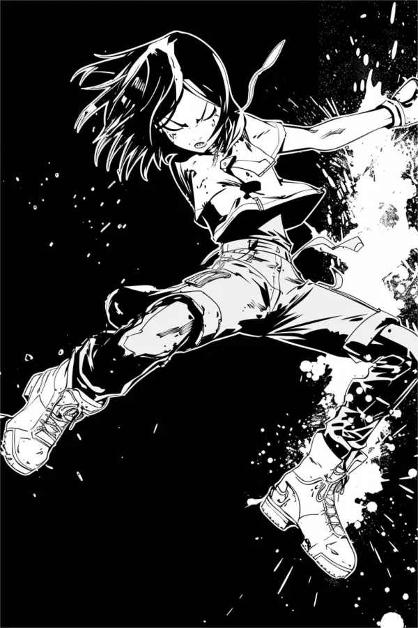 Battle anime girl in dynamic combat pose, japanese anime style — free printable combat coloring book page
