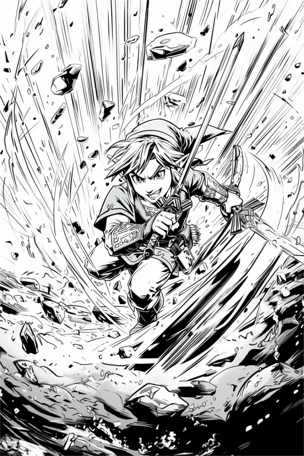 Link from the legend of zelda in battle stance, anime art style — free printable games coloring book page