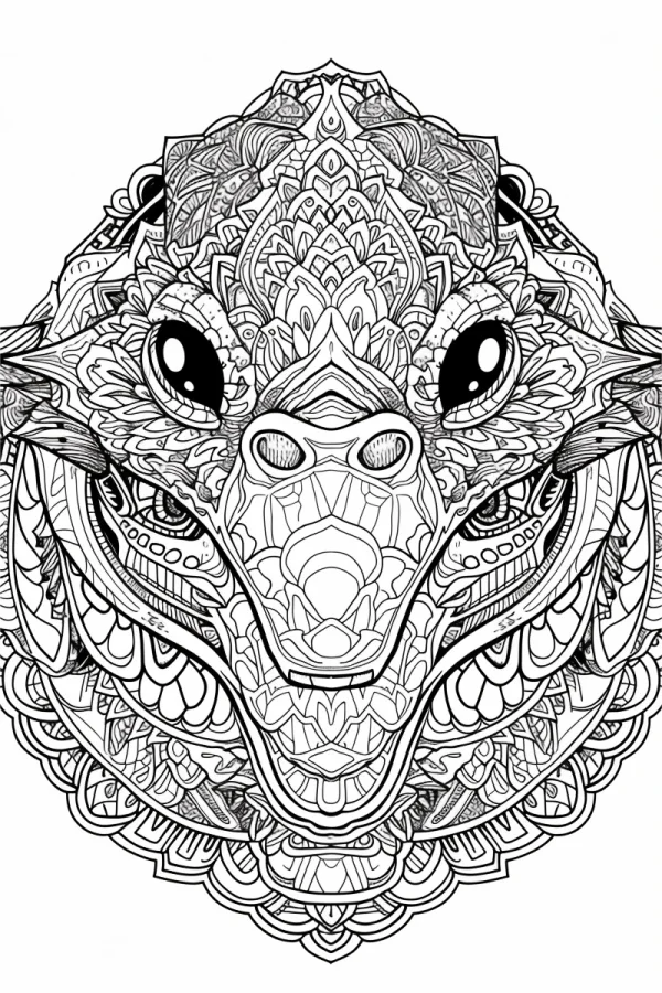 Mandala-style dinosaur head, intricate symmetrical zen doodle patterns — free printable mandala art coloring book page