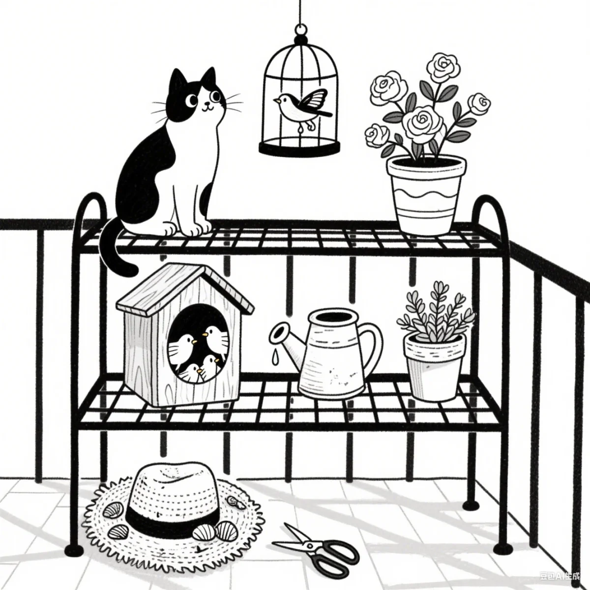 Black and white tuxedo cat on plant stand with gardening items, cozy balcony scene including birdcage — cartoon style — moderate detail — line art coloring page — for kids and adults of all ages