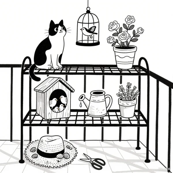 Black and white tuxedo cat on plant stand with gardening items, cozy balcony scene including birdcage — free coloring book page