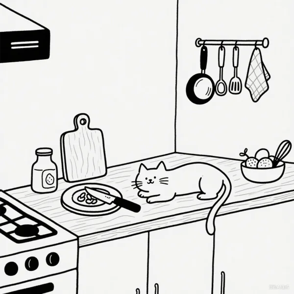 Cute cat lying on kitchen counter, cartoon style — free printable kitchen coloring book page