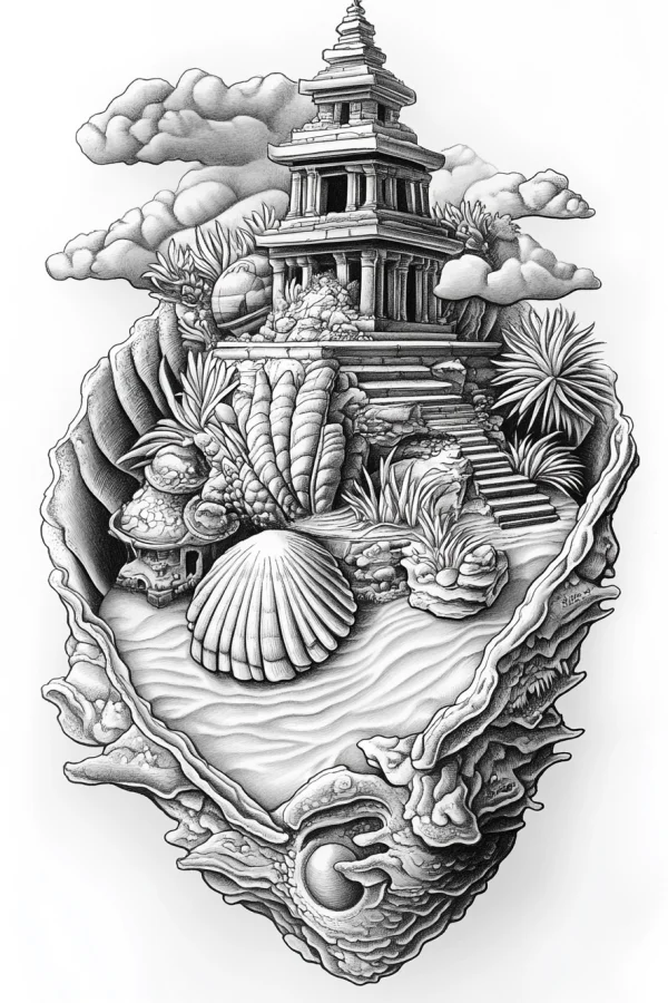 Coloring book page, floating island with southeast asian pagoda — free printable southeast asia coloring book page