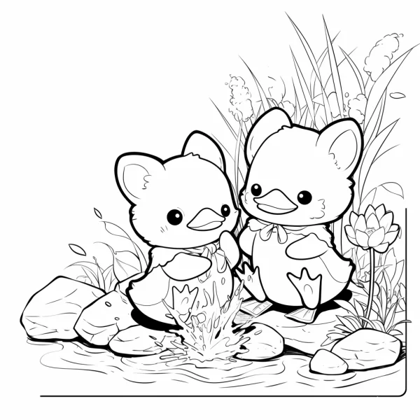 Two cute cartoon small animals splashing water by the stream, cartoon style — free printable coloring page