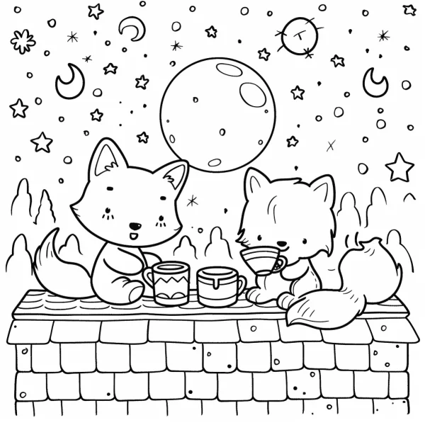 Two cute foxes drinking tea on a rooftop, cartoon style — free printable night coloring book page