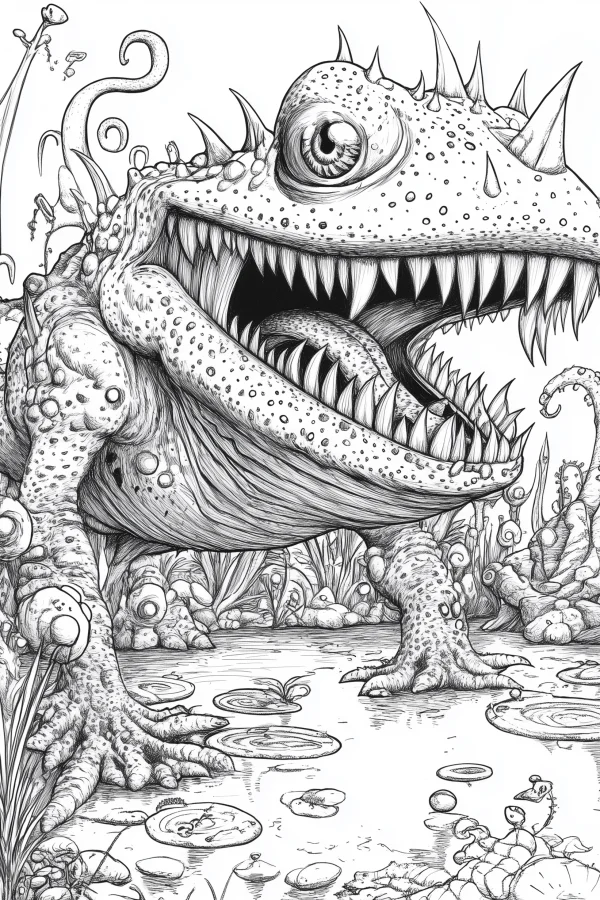 Spiky-toothed fantasy frog-like creature with head spikes, sketch style — free printable wetland coloring book page