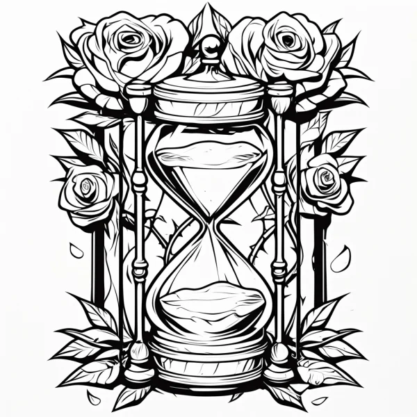 Hourglass surrounded by roses and leaves, decorative art style — free printable time coloring book page