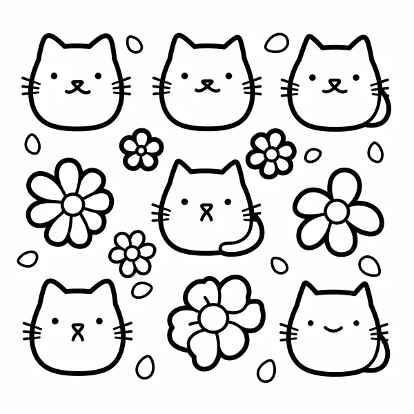 Cute cartoon cats with various flowers, cartoon style — free printable coloring page