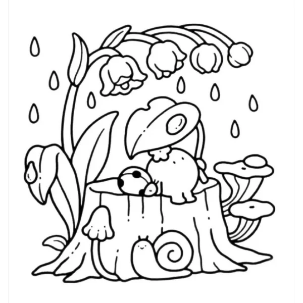 Ladybug and snail on a tree stump, cartoon style — free printable rainy days coloring book page