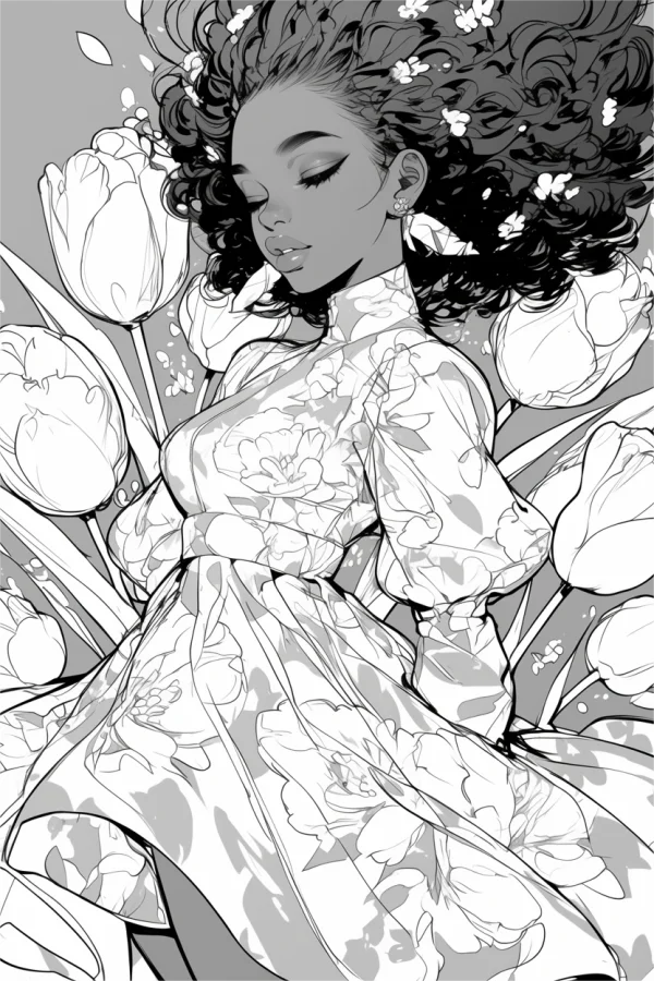 Curly-haired girl in tulip field, anime style — free printable flower season coloring book page