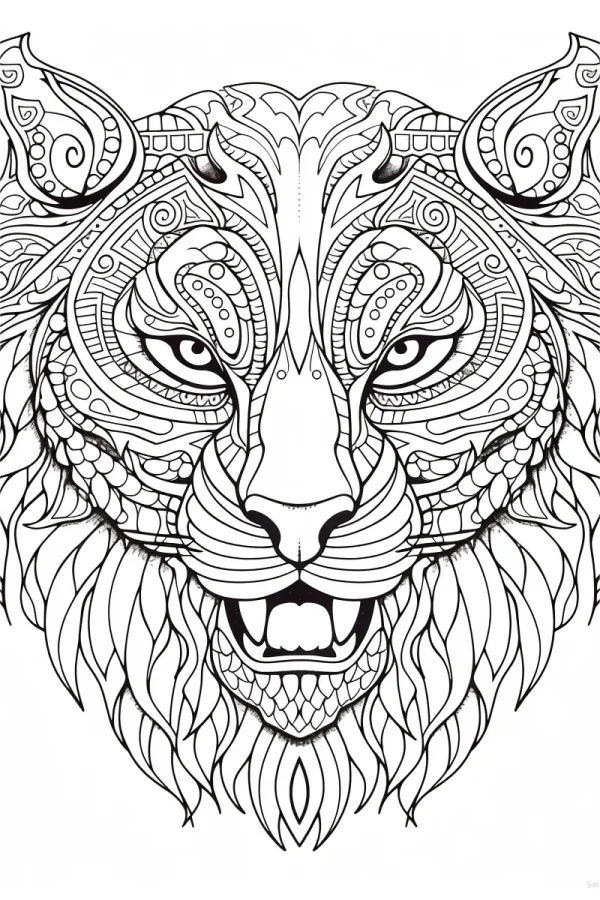 Zentangle-style tiger head, tribal totem art style — free printable totem culture coloring book page