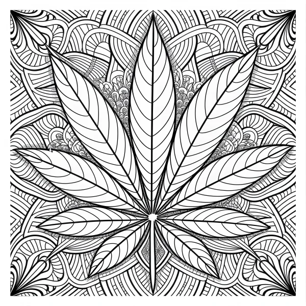 Mandala-style cannabis leaf, zentangle art — free printable zen doodle coloring book page