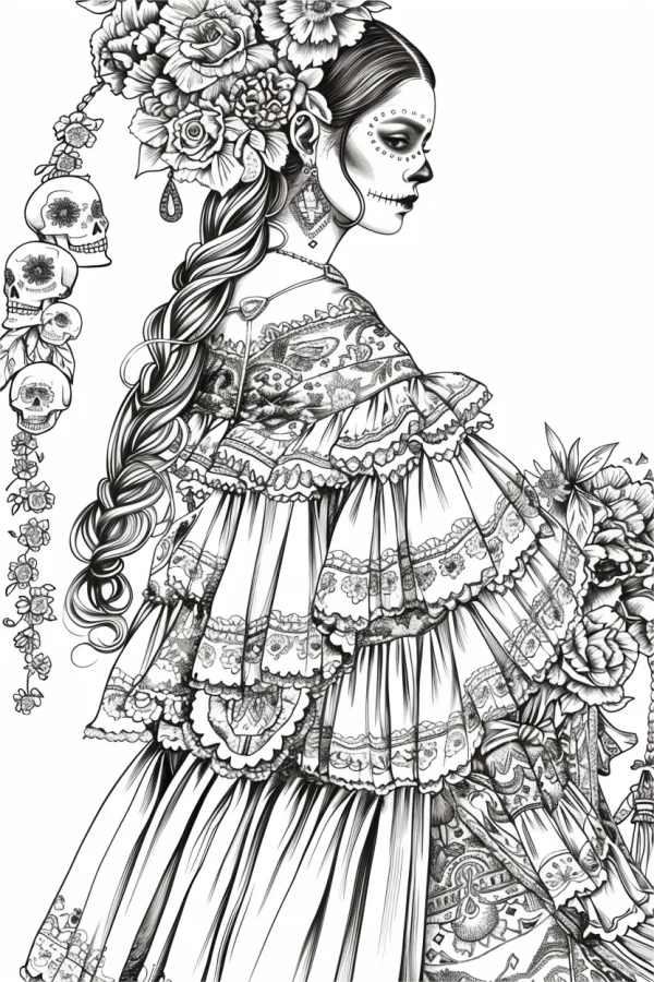 Day of the dead girl in elaborate traditional dress with floral headdress, mexican folk art style — free printable mexican culture coloring book page