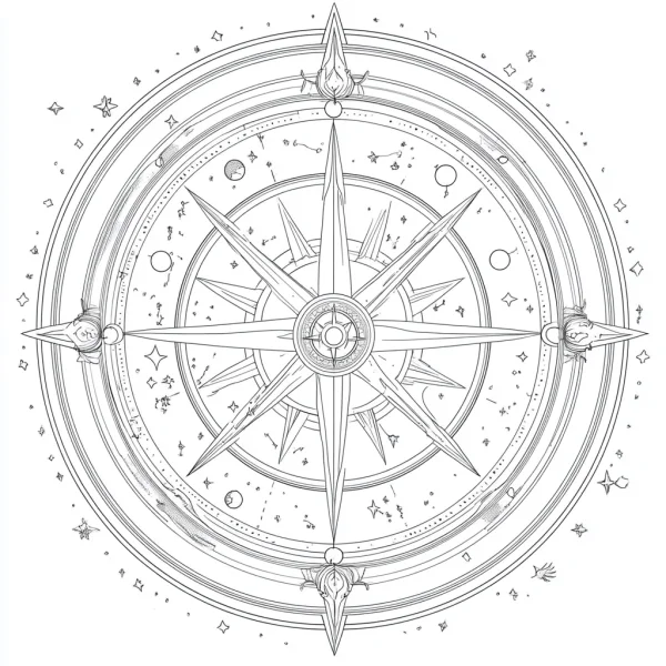 Astrological compass, fantasy style — free printable astronomy coloring book page