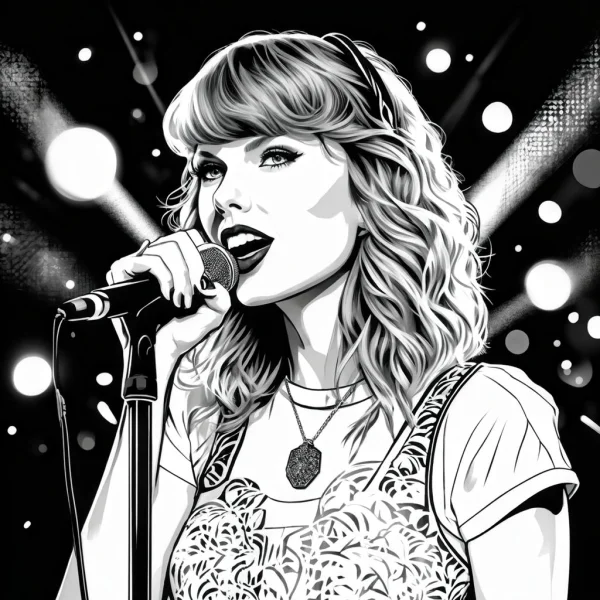 Female singer holding a microphone singing, cartoon illustration style — free printable performance coloring book page