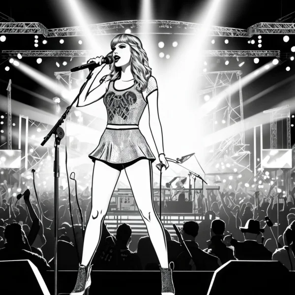 Female singer performing on concert stage, with spotlights — free printable concert coloring book page