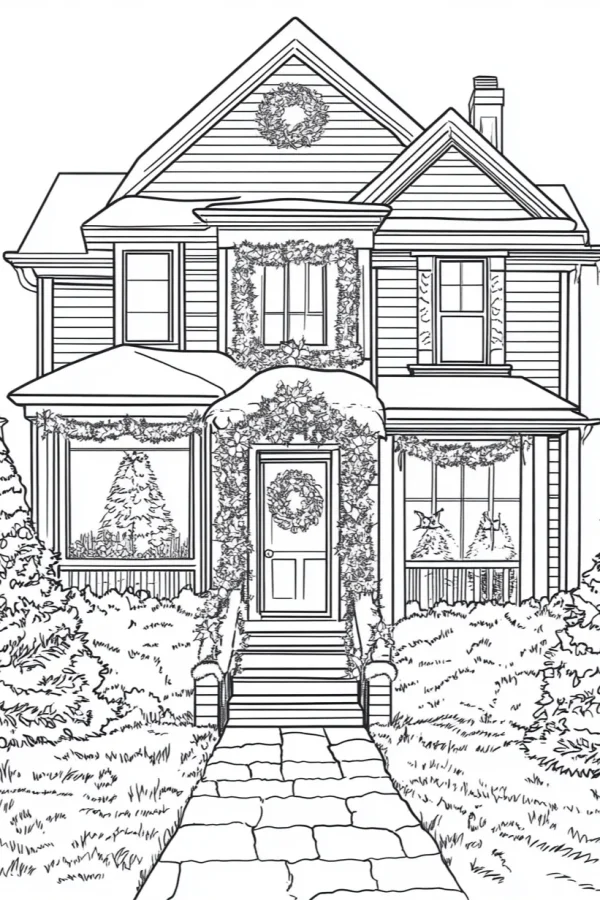 Cozy residential house decorated for christmas with wreaths and garlands, winter scene with snow on roof and surrounding bushes — free printable residential coloring book page