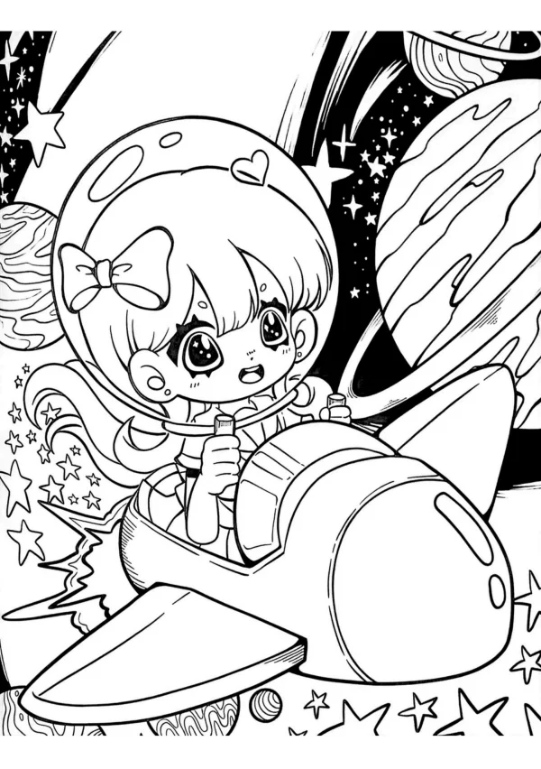 Cute cartoon girl driving spaceship, cartoon style — free printable cartoon characters coloring book page