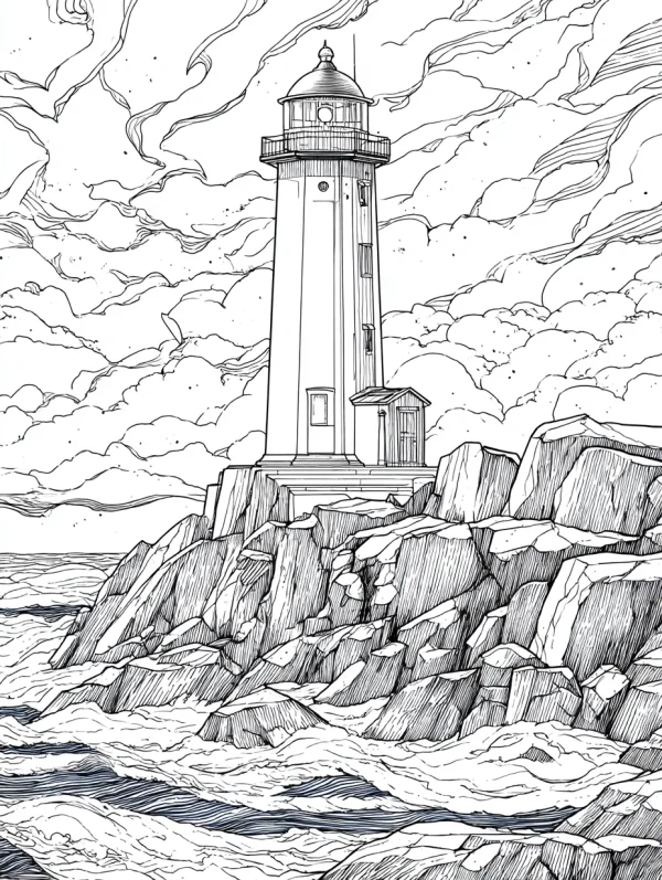Lighthouse on rocky seashore, realistic style — free printable scene theme coloring book page