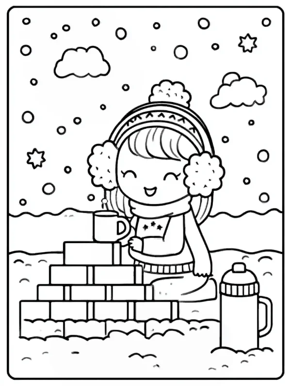 Smiling winter girl with fluffy earmuffs and scarf, cartoon style — free printable daily leisure coloring book page