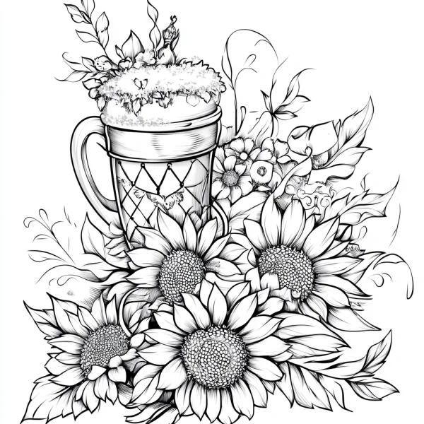 Coloring book page, foam-topped ceramic mug surrounded by a bouquet of sunflowers — free printable beverages coloring book page