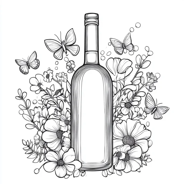 Wine bottle surrounded by various flowers and butterflies, sketch style — free printable beverages coloring book page