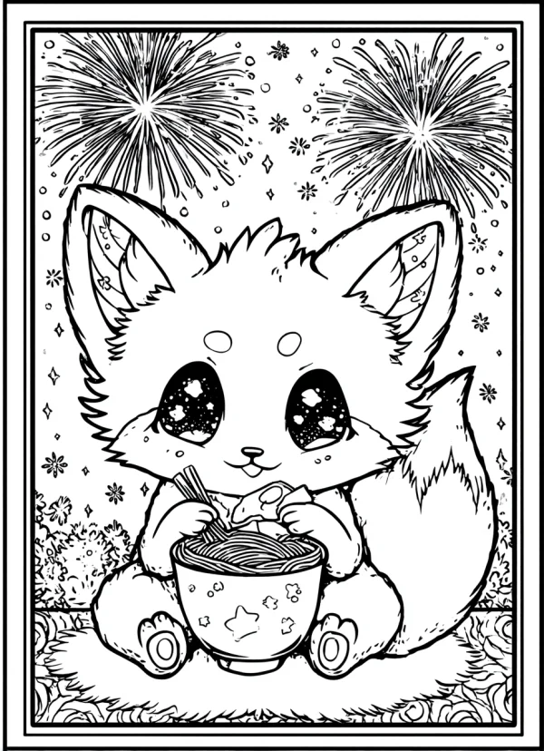 Cute cartoon little fox eating noodles from a decorated bowl with chopsticks, fireworks bursting in the background — free printable spring festival coloring book page